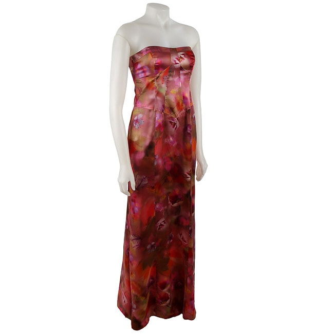 David Meister Strapless Floral Satin Gown  