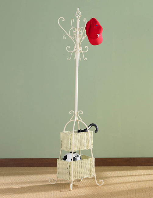 Ivory Iron Hall Tree w/ Rattan Baskets  