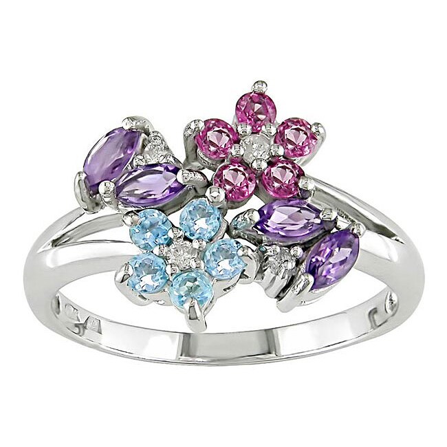 10k White Gold Multi-gemstone Flower Ring - 10774531 - Overstock.com ...