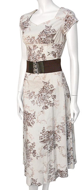 Adi Designs Cream & Brown Floral Cap Sleeve Dress  