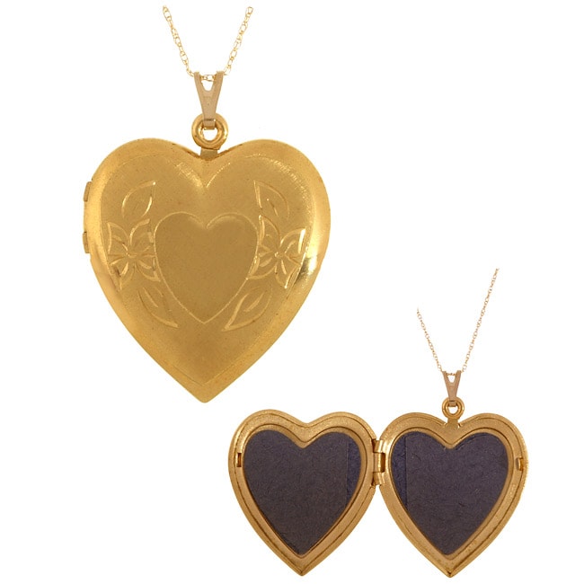 10k Gold Large Engraved Heart Locket Necklace  
