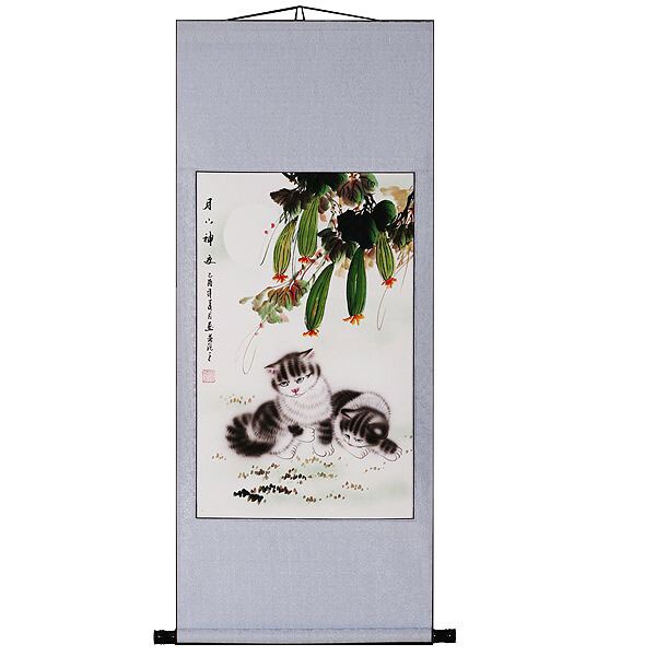 Peony Flower & Cats Chinese Art Wall Scroll Painting  