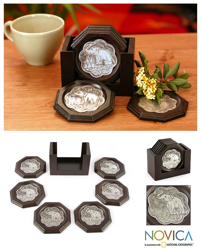 Set of 6 Call of the Wild Nickel and Wood Coasters (Thailand 