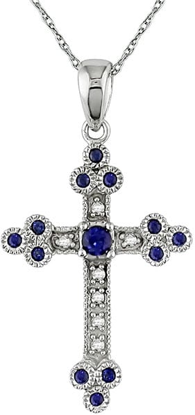 10k White Gold Diamond Sapphire Cross Necklace  