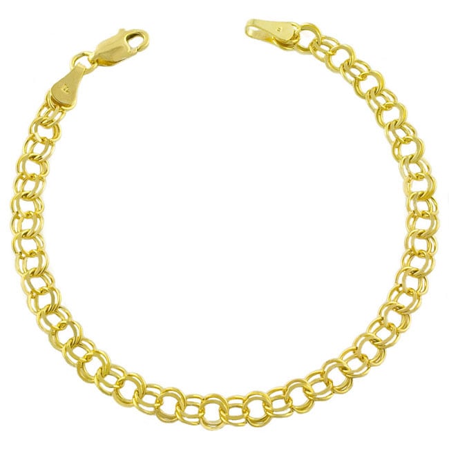   Yellow Gold 8 inch Classic Double hoop Charm Bracelet  