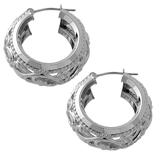 14k White Gold Filigree Hoop Earrings  