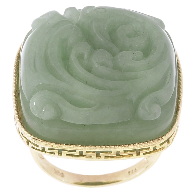 14k Yellow Gold Carved Phoenix Green Jade Ring  
