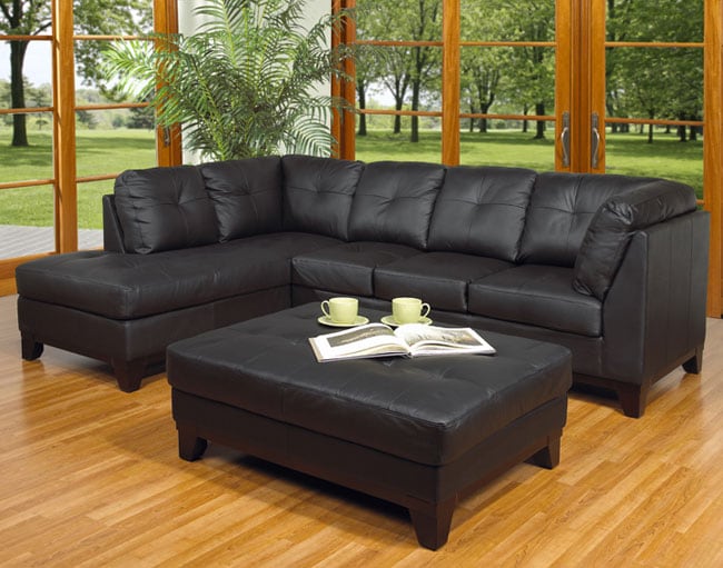 Black Leather Sectional Sofa/ Ottoman Set  