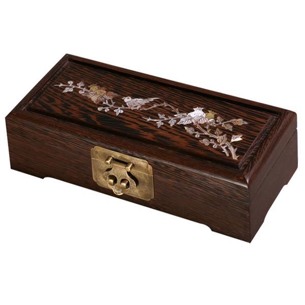 Mother of Pearl Inlay Bird/ Flower Dark Wood Jewelry Box   