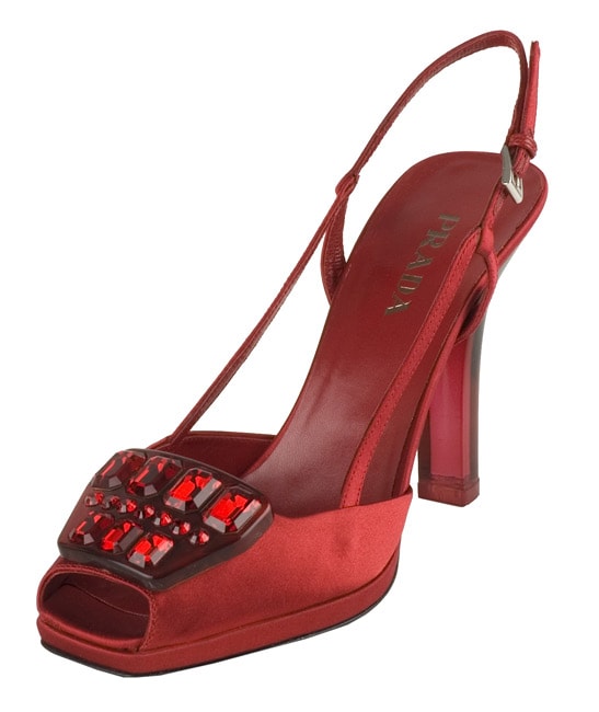 Prada Red Satin Square Rhinestone Slingbacks  