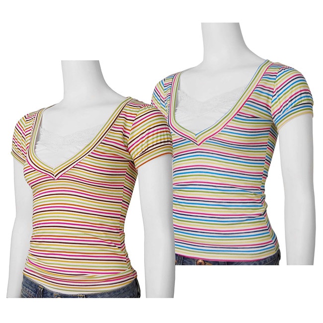 Finesse Candy Stripe Cap Sleeve V neck Top  