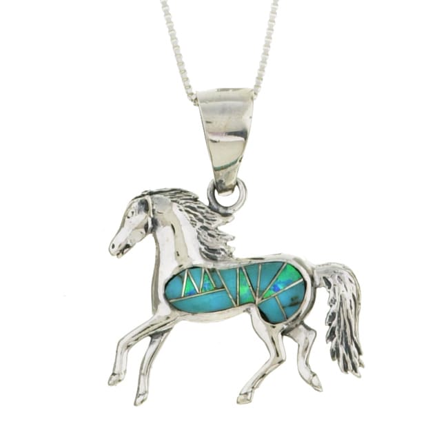 Sterling Silver Turquoise and Opal Horse Necklace  