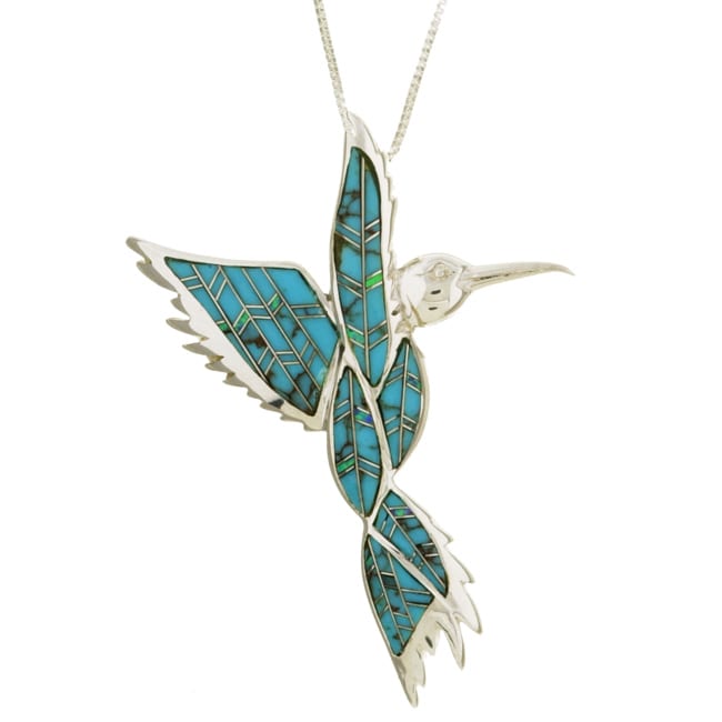 Silver Turquoise and Opal Hummingbird Necklace  