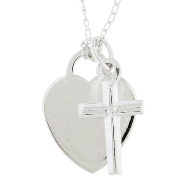 Sterling Silver Engraveable Heart & Cross Necklace  