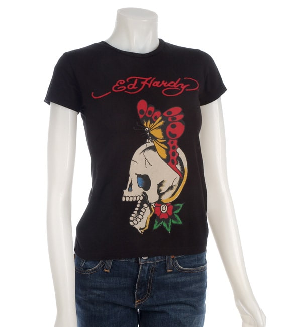 Ed Hardy Womens Skull and Butterfly T shirt  