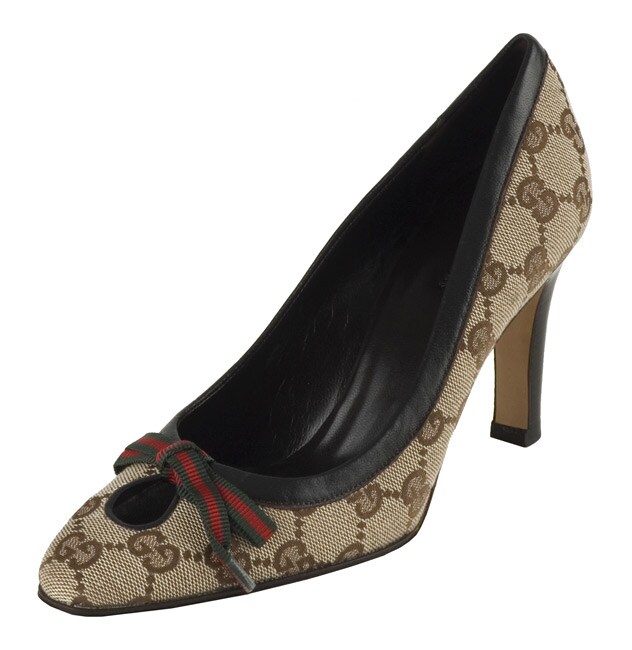 Gucci Beige Logo Jacquard Canvas Bow Pumps - Overstock™ Shopping - Top ...