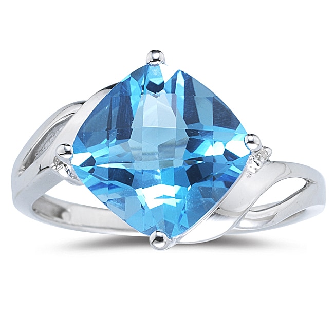 14k White Gold Blue Topaz and Diamond Ring