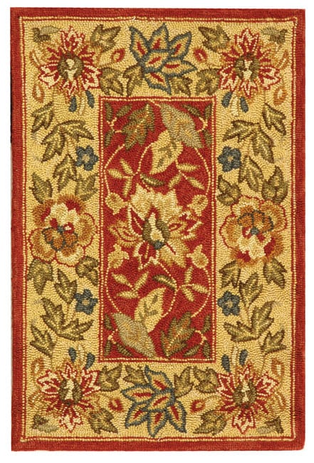 Handmade Boitanical Red/ Ivory Wool Rug (18 X 26)