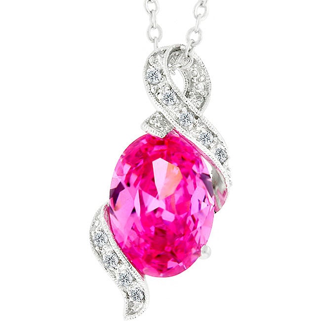 Silvertone CZ Large Oval cut Pink Pendant  