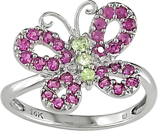 10k Gold Pink Sapphire and Peridot Butterfly Ring  