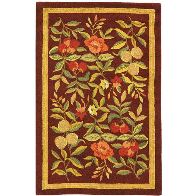 Hand hooked Botanical Burgundy Wool Rug (18 X 26)