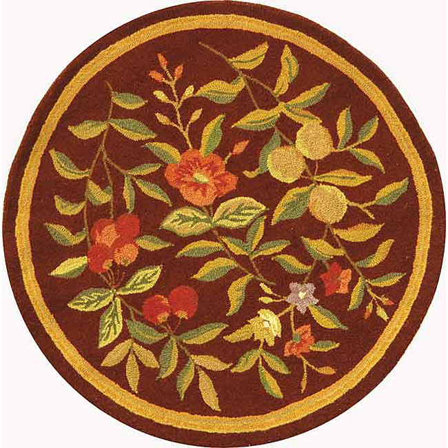 Hand hooked Botanical Burgundy Wool Rug (4 Round)