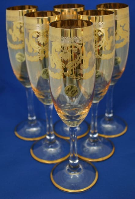 Set of 6 Gold Accented Champagne Flutes  