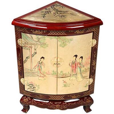 Burgundy/ Gold Lacquer Asian Corner Cabinet - Red