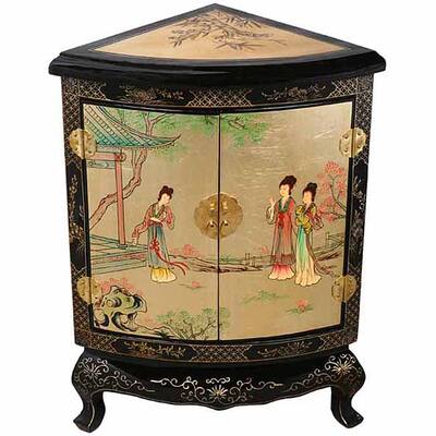 Black/ Gold Lacquer Asian Corner Cabinet - Black/Red