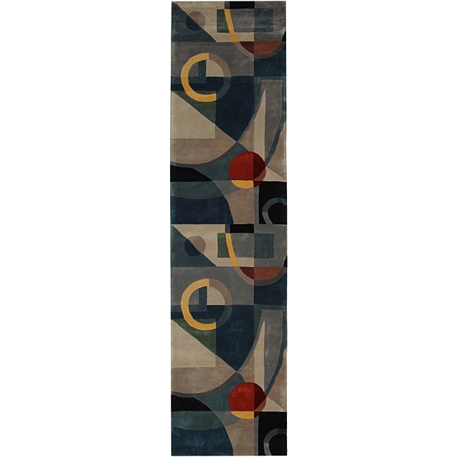 Handmade Rodeo Drive Deco Blue/ Multi N.Z. Wool Runner (26 x 14)