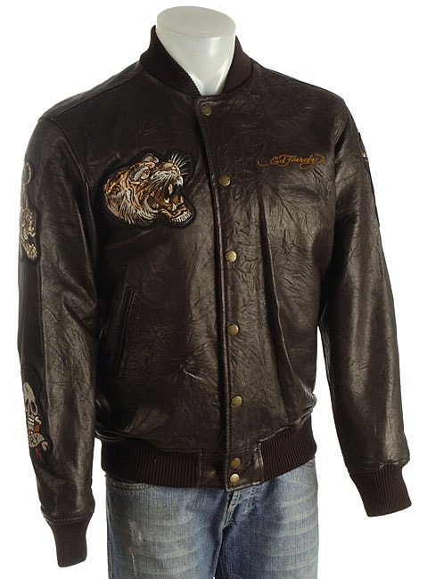 Ed Hardy Mens Varsity Leather Jacket  