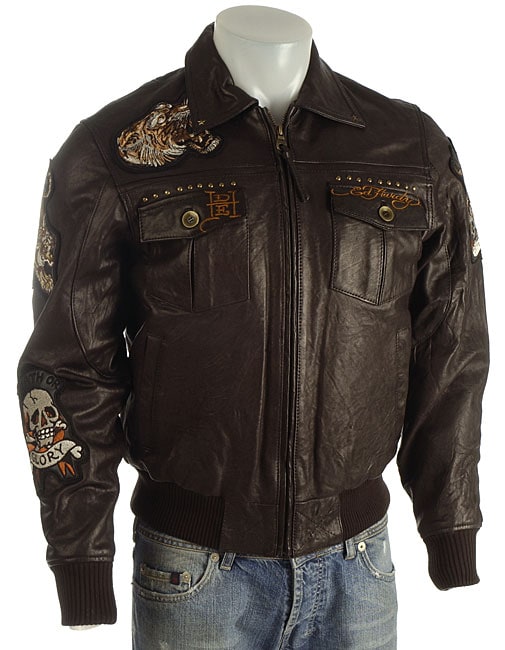 Ed Hardy Mens Eagle and Flag Leather Jacket  