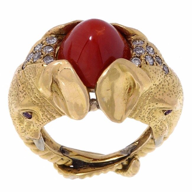 18k Gold 1/8ct Diamond Coral Elephant Ring  
