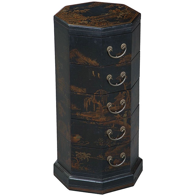 Black Bonded Leather Hand painted Oriental End Table