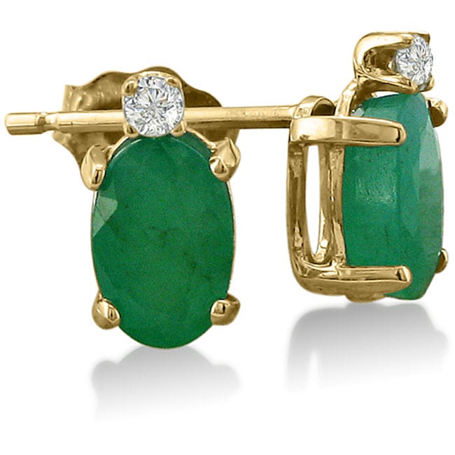 14k Yellow Gold Emerald And Diamond Stud Earrings On 14k Yellow Gold Emerald And Diamond Stud Earrings