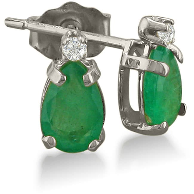 14k White Gold Emerald and Diamond Stud Earrings   Shopping