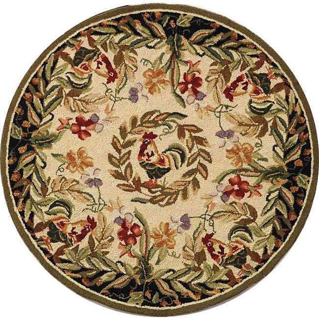 Hand hooked Rooster and Hen Cream/ Black Wool Rug (3 Round)