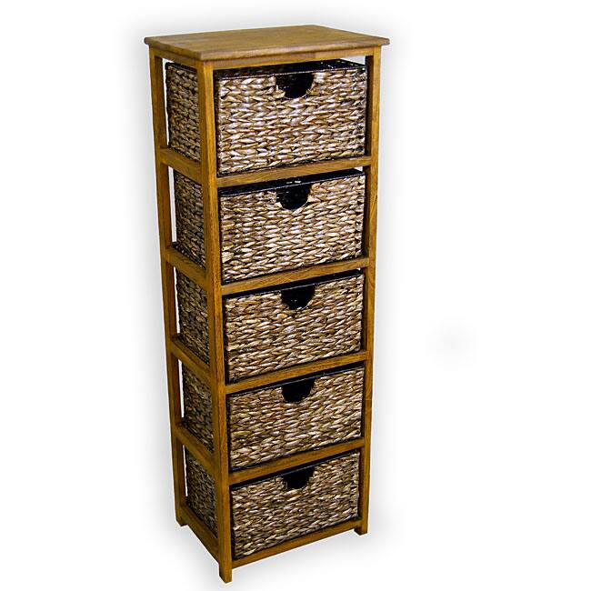 Walnut Frame Compact Wicker Basket Storage Shelf