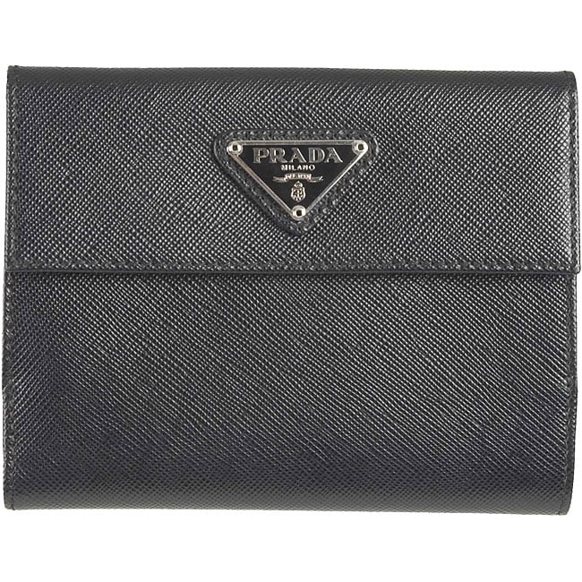 Prada Black Saffiano Oro Leather French Wallet