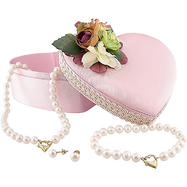 Miadora 14k Gold FW Pearl 3-piece Set with Heart Shape Box