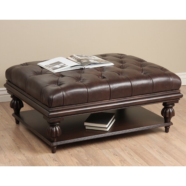 Shop Tufted Brown Leather Ottoman with Shelf - Free ...