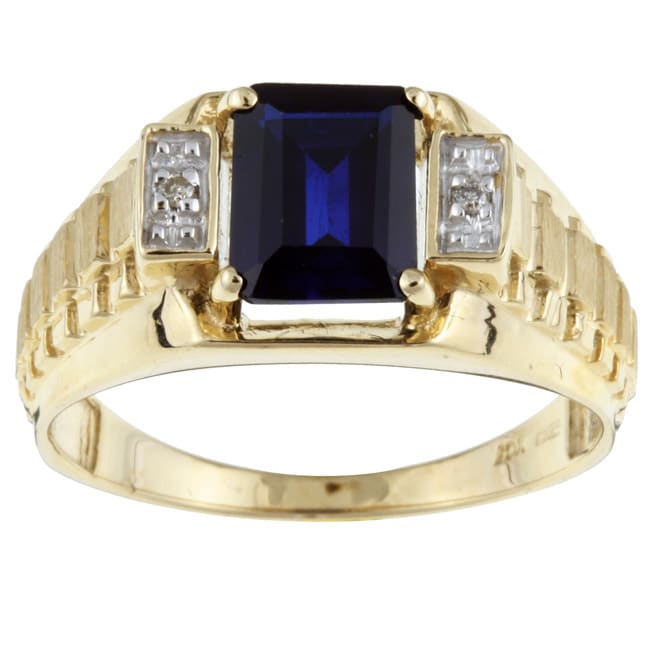 10k Gold Created Sapphire and Diamond Men's Ring (Size 10) Men's Rings