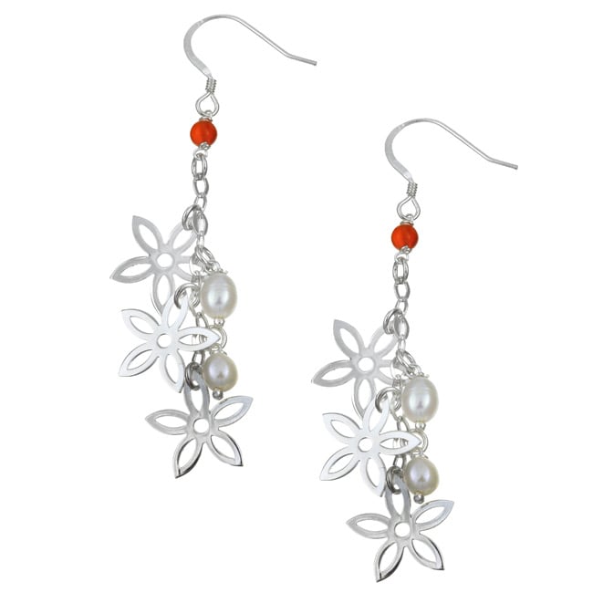 Sterling Silver Carnelian/ FW Pearl Floral Earrings (5 6 mm)