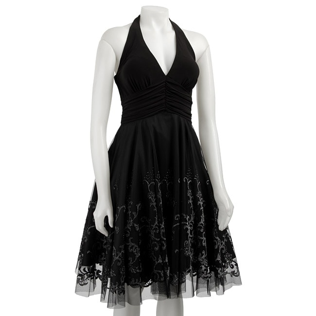 Onyx Nite Womens Black Beaded Tulle Halter Dress  