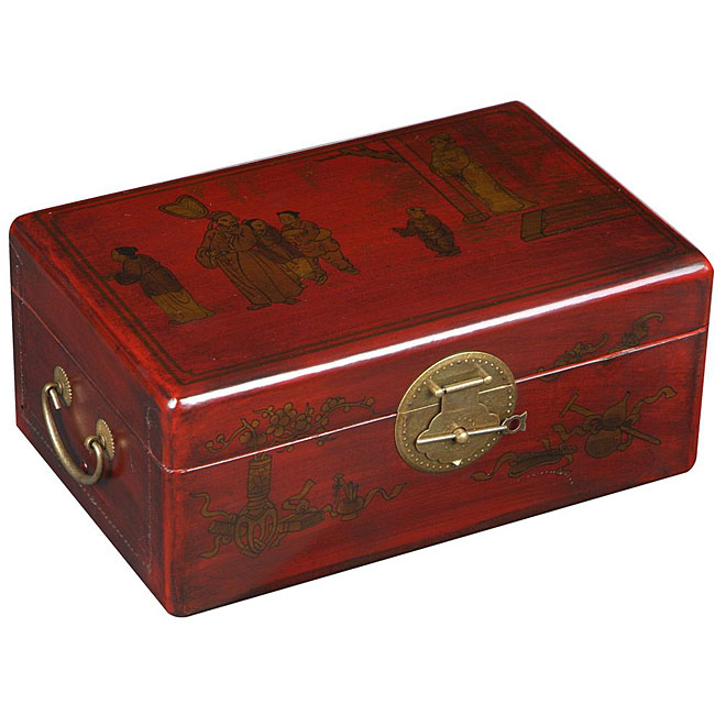 Handmade Red Leather Chinese Village Jewelry Box  