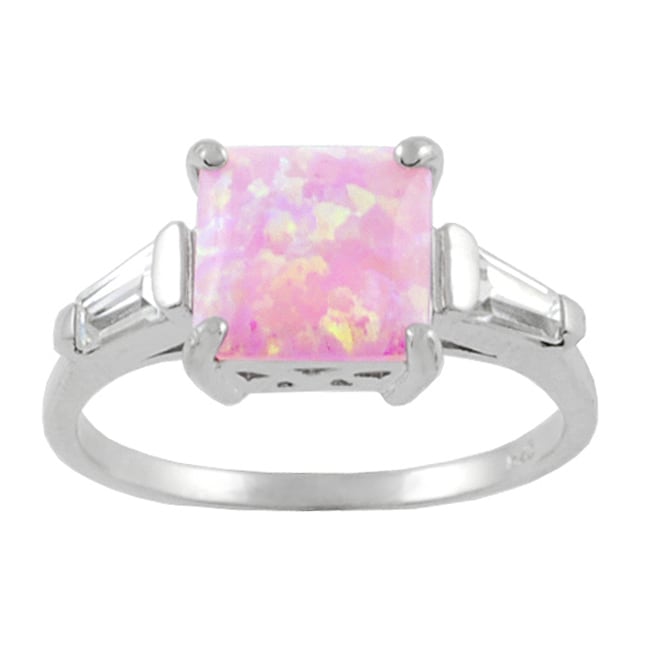 Sterling Silver Pink Opal and Baguette CZ Ring  