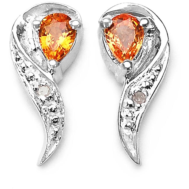 Silver Genuine Orange Sapphire and Diamond Earrings  