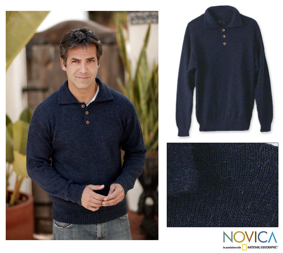 Alpaca Wool Ocean Blue Mens Sweater (Peru)  