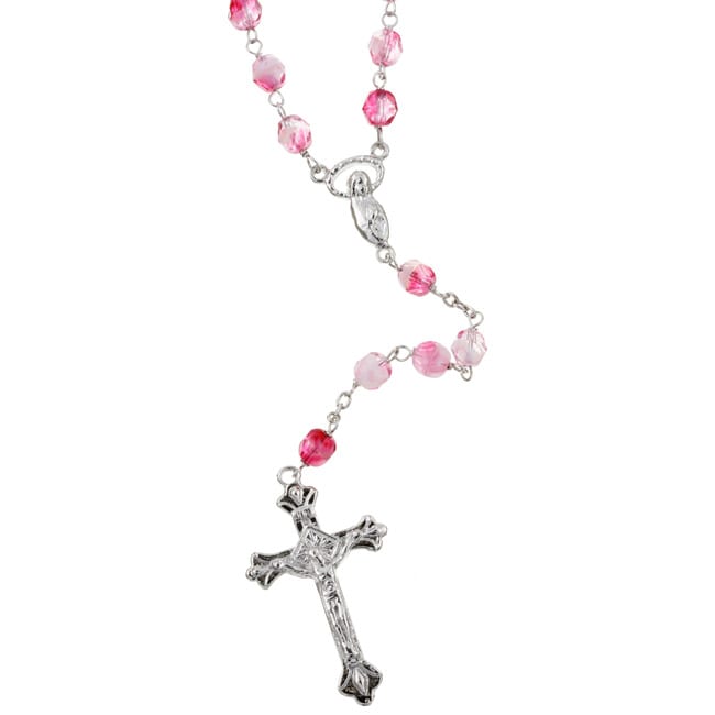   Sterling Silver Rose Pink Crystal Rosary Necklace  
