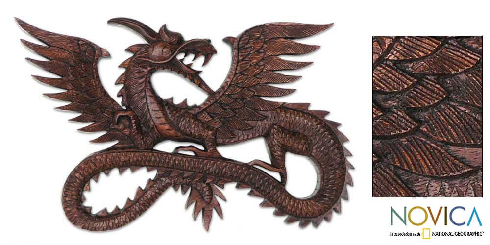 Novica Flying Wood Dragon Relief Panel (Indonesia)